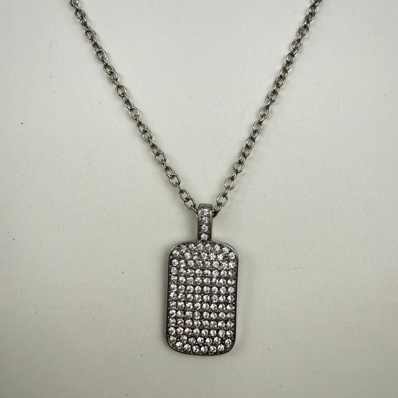 Jewelry - Marlyn Schiff‎ Silver Tone Necklace Crystal Dog Tag Pave Rectangular Pendant